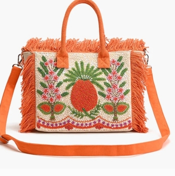 🔹️America & Beyond 🔹️Viral Pineapple Orange Beaded Tote Bag with Fringe - Picture 1 of 5